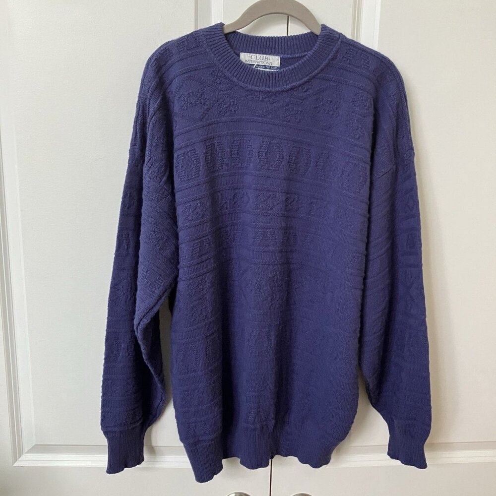 Vintage Club International Sweater‎ Mens L Purple Knit Geometric Grandpa 90s